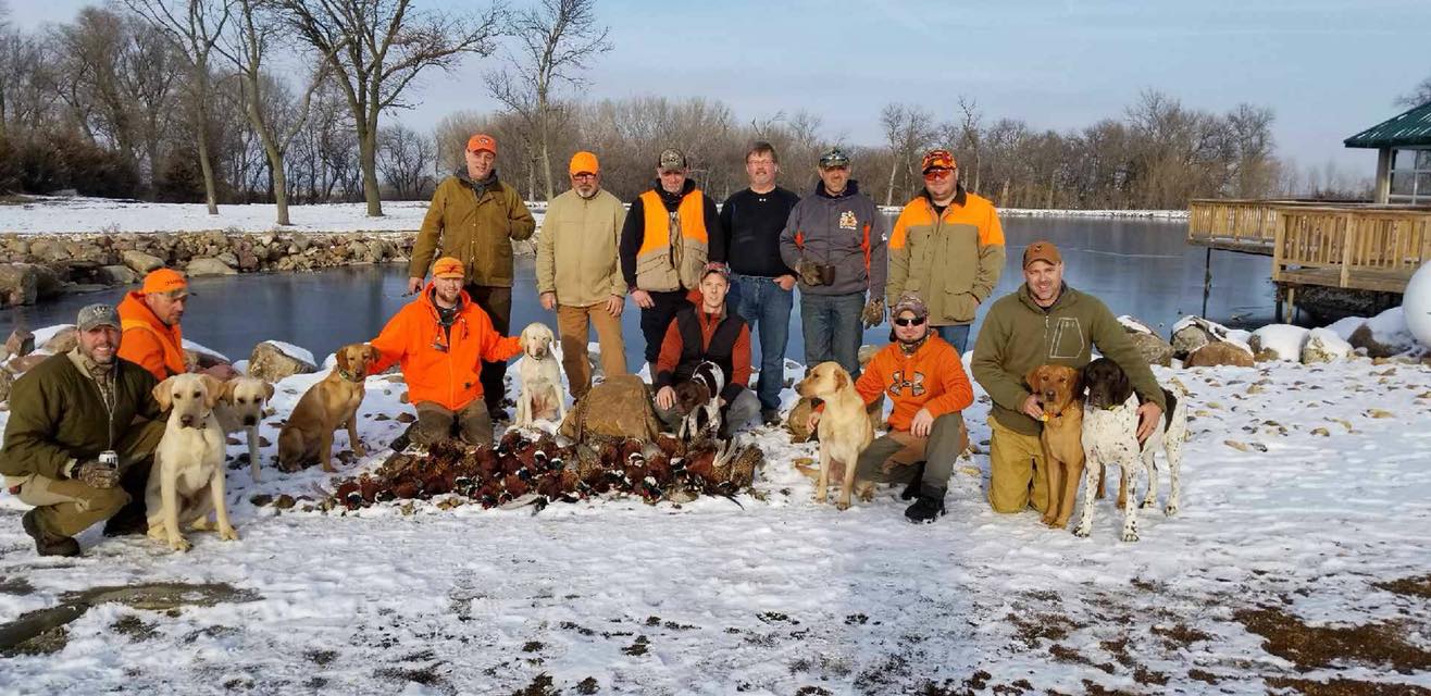 Hunters dogs and pheasants in front of a pond