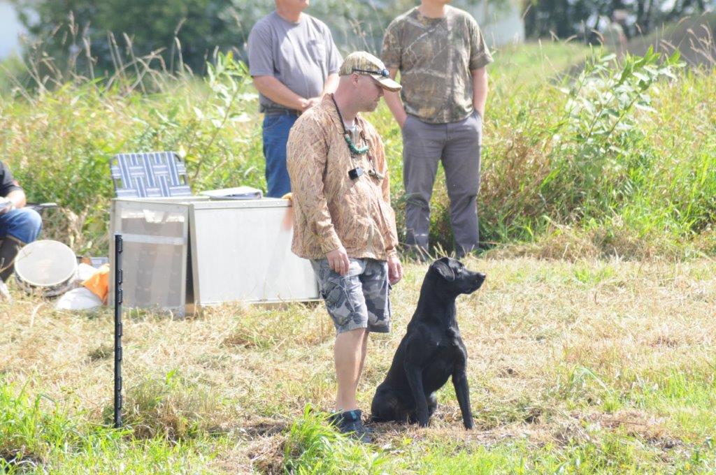 A man in camouflage and a black lab 